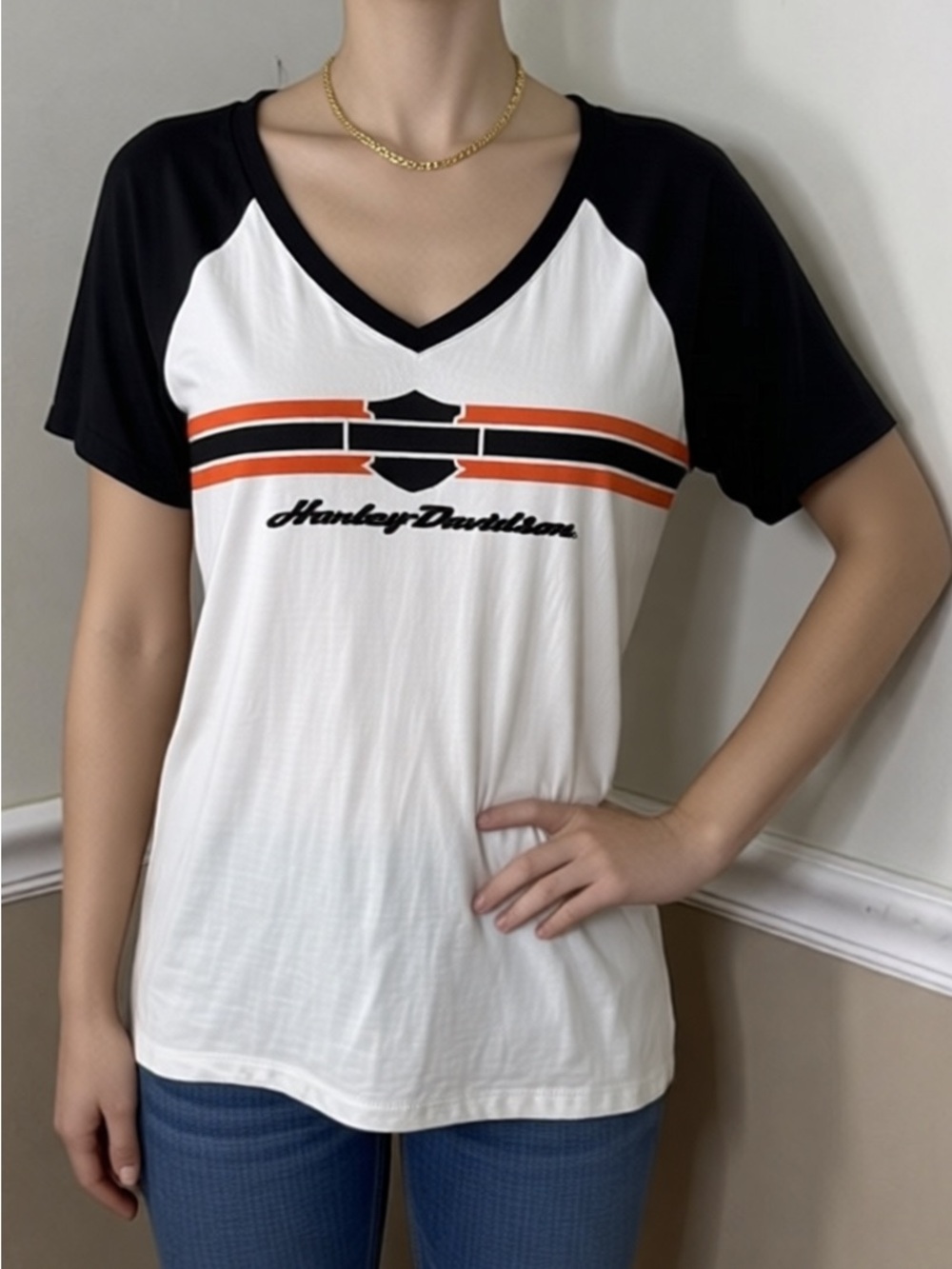 💚 5 for $25! Harley-Davidson White V-Neck Tee with Black Sleeves Orange Stripes